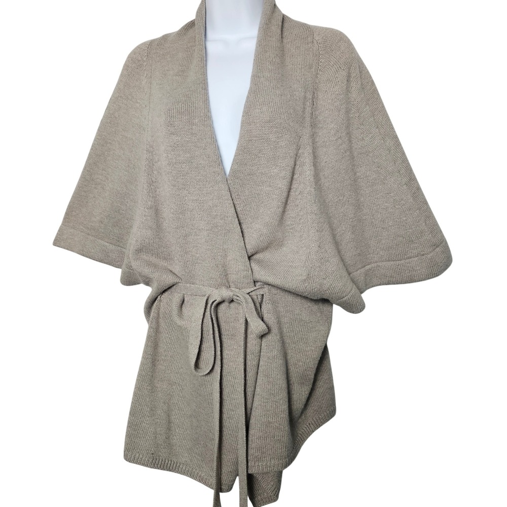 Ann Taylor LOFT Kimino Style Belted Wrap Cardigan L Taupe Minimalist Cozy